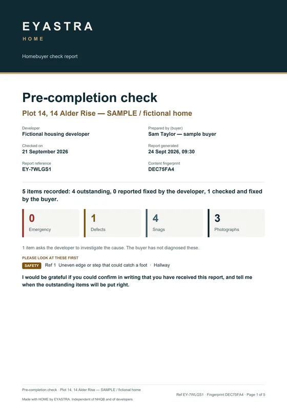 HOME report page 1 of 5: cover, 5 items recorded, counts, and the safety item to look at first