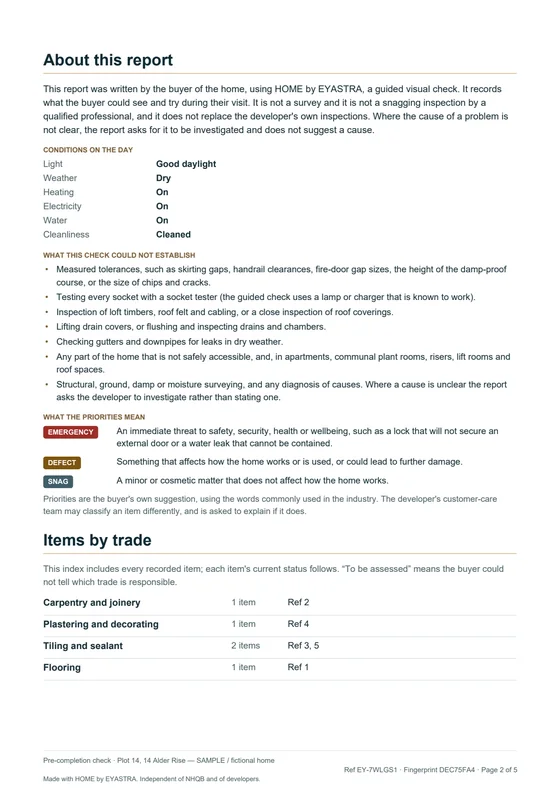 HOME report page 2 of 5: about the report, conditions on the day, what the check could not establish, items by trade