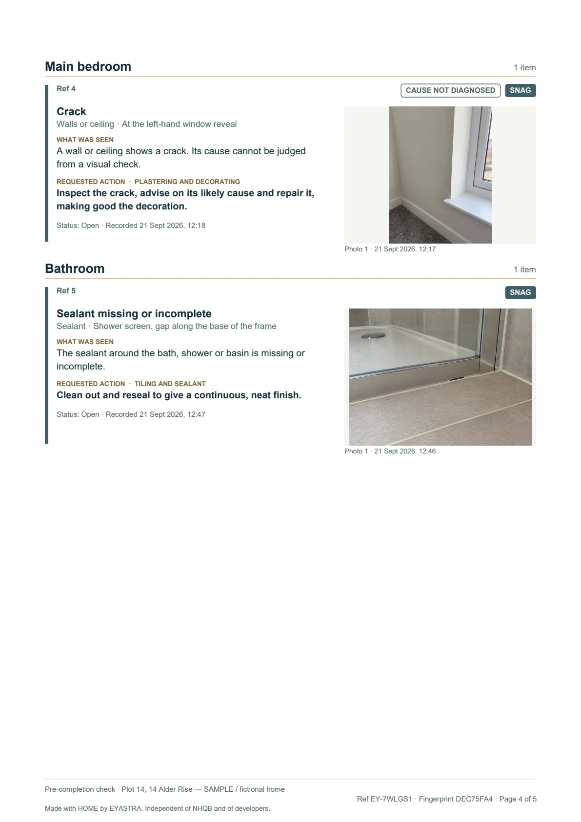HOME report page 4 of 5: the main bedroom crack, cause not diagnosed, and the bathroom sealant, each with a timed photograph