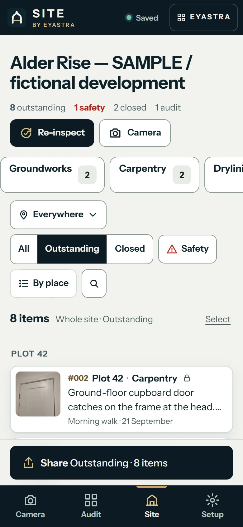 SITE Site view for Alder Rise: 8 outstanding, 1 safety, 2 closed, 1 audit; Re-inspect and Camera buttons; trade buttons Groundworks 2 and Carpentry 2; Outstanding selected; 8 items, whole site
