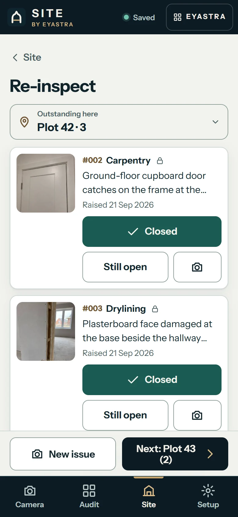 SITE Re-inspect at Plot 42, 3 outstanding here: #001 Brickwork, mortar joints at the entrance reveal, marked CLOSED, raised 21 Sep 2026, last checked 24 Sep 2026, with Undo