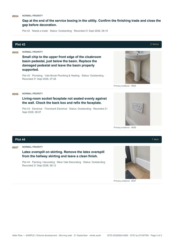 SITE report page 2 of 3: #004 at Plot 42 without a photograph and needing a trade; #005 chipped basin pedestal and #006 socket faceplate at Plot 43; #007 Latex overspill on skirting at Plot 44, photographed
