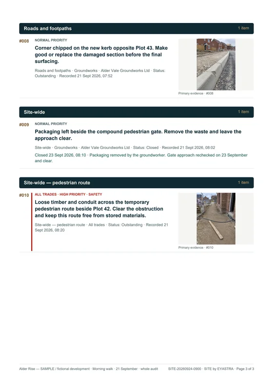 SITE report page 3 of 3: #008 chipped kerb; #009 closed 23 September, without a photograph; #010 pedestrian route obstruction, Safety, High priority and All trades