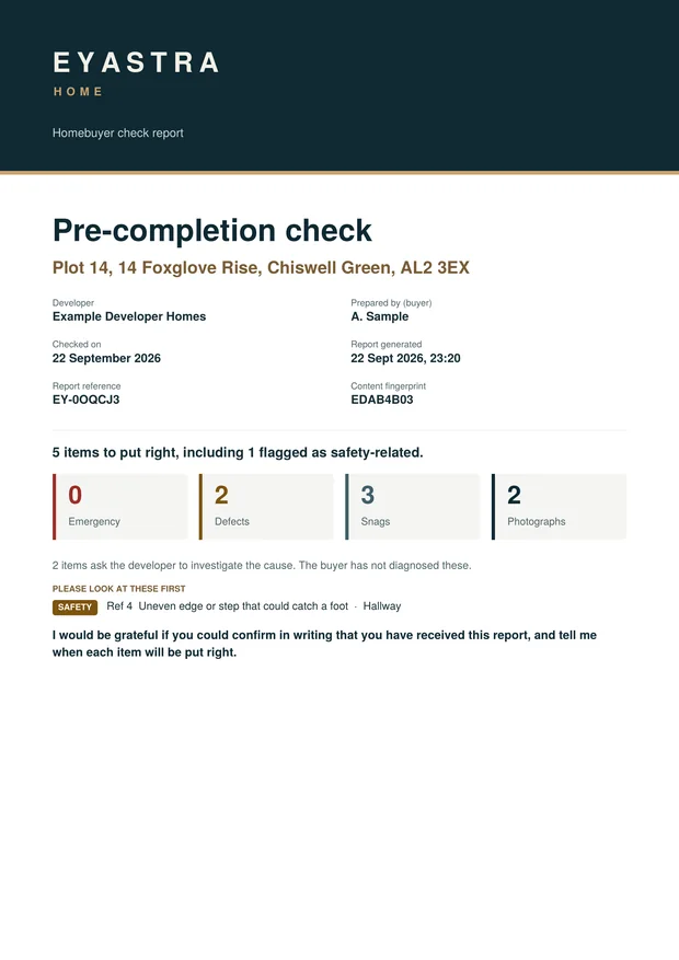 Report cover page, showing the property details and a summary of five items to put right, one flagged as safety-related