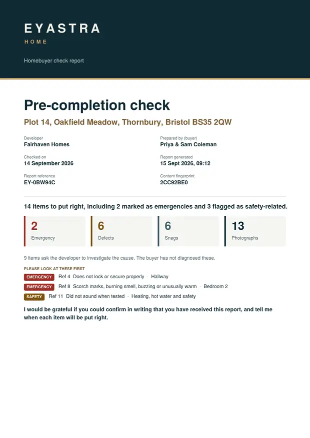 Report cover page, showing the property details and a summary of fourteen items to put right, including two emergencies