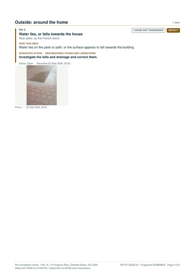 A findings page from outside the home, showing a genuine photograph of water lying on the rear patio, what was seen and the requested action