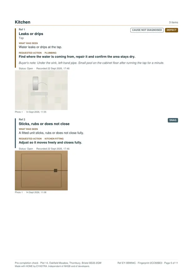 A findings page from the kitchen, showing a leaking tap finding with a photograph, what was seen and the requested action