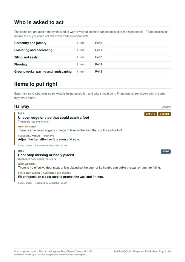 A findings page from the hallway, showing an uneven floor threshold flagged as both a safety issue and a defect