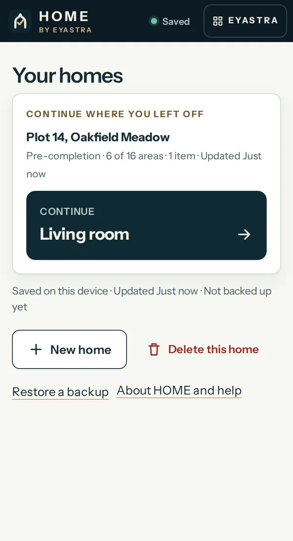 HOME's Your homes screen with a Continue where you left off card for Plot 14, six of sixteen areas done