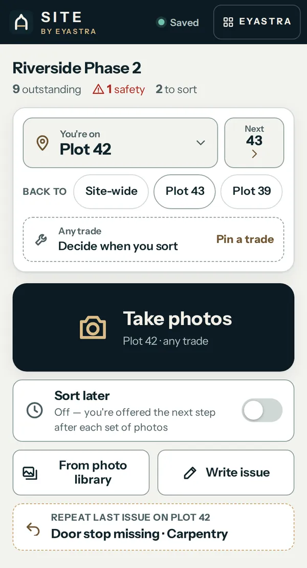 SITE's walk screen: You're on Plot 42, with Next plot 43, Back to Site-wide, Plot 43 and Plot 39, Any trade, and a large Take photos button