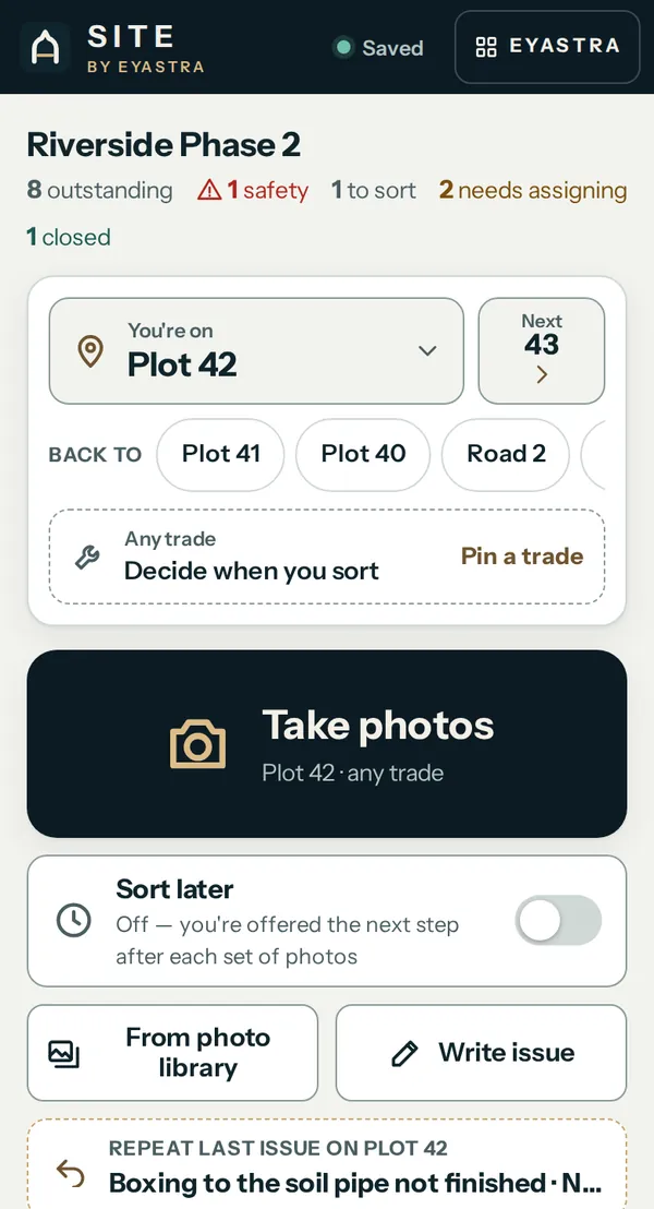 SITE’s walk screen on Riverside Phase 2: You’re on Plot 42, Next plot 43, Back to Plot 41, Plot 40 and Road 2, Any trade, and a large Take photos button