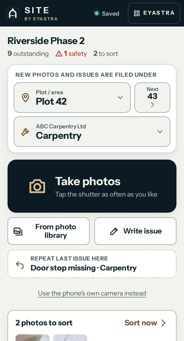 SITE's capture screen: new photos and issues filed under Plot 42, Carpentry, ABC Carpentry Ltd, with Next plot 43 and a large Take photos button