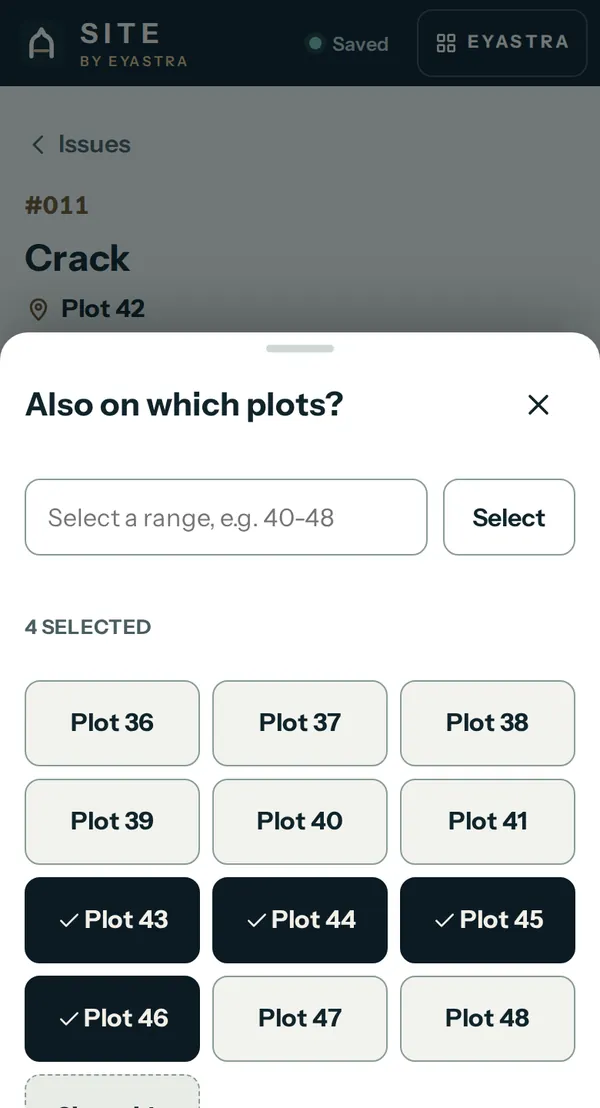 SITE's Also on which plots sheet with Plots 43, 44, 45 and 46 selected and an Add to 4 plots button