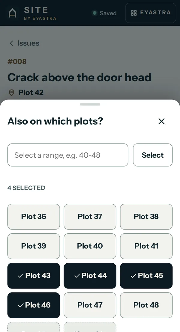 SITE’s Also on which plots sheet for issue 8, Crack above the door head on Plot 42, with Plots 43, 44, 45 and 46 selected