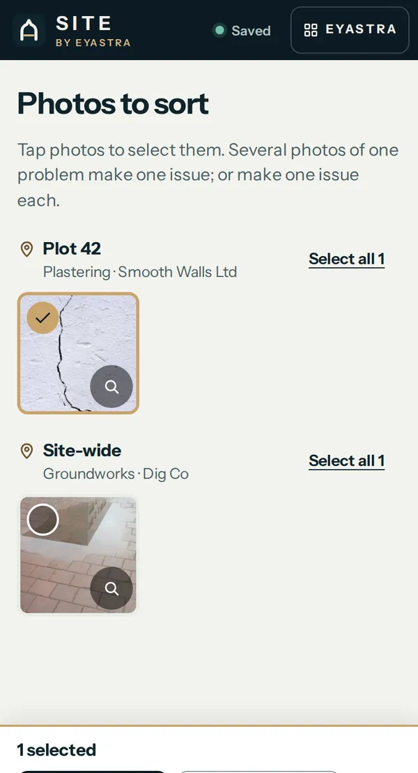 SITE's Photos to sort screen, with photos grouped by the plot and trade they were taken under, one selected, and Make issue or Add to issue