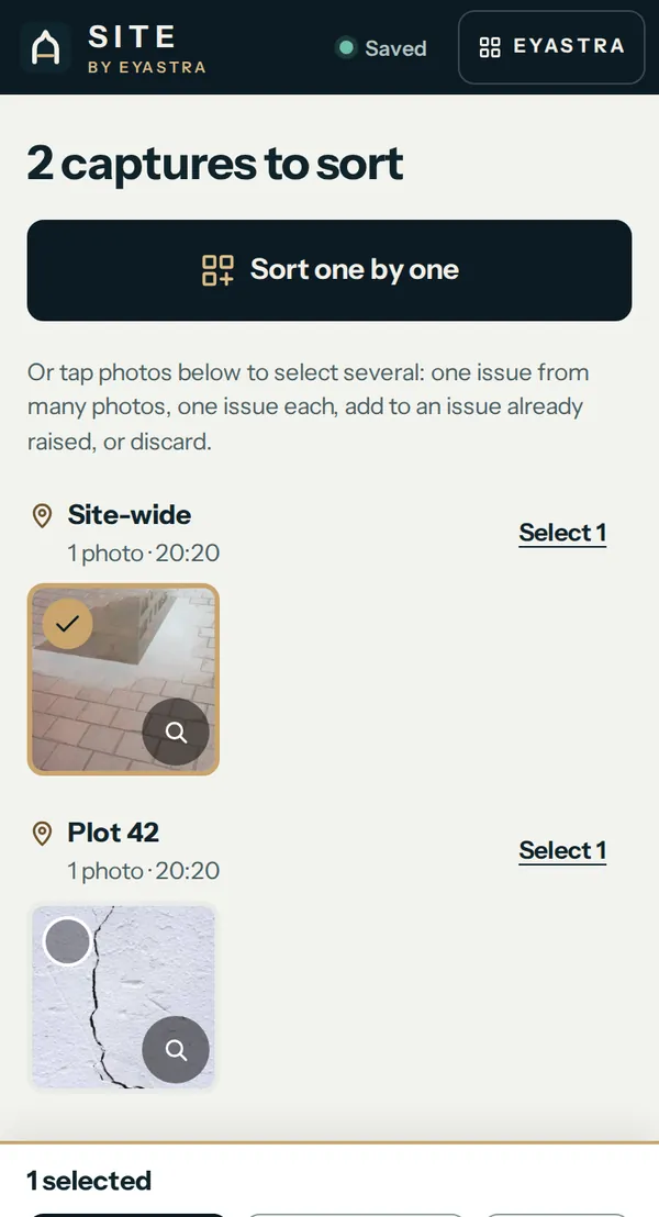 SITE's captures to sort screen: Sort one by one, then photos grouped by where they were taken on the walk, Site-wide and Plot 42, one selected
