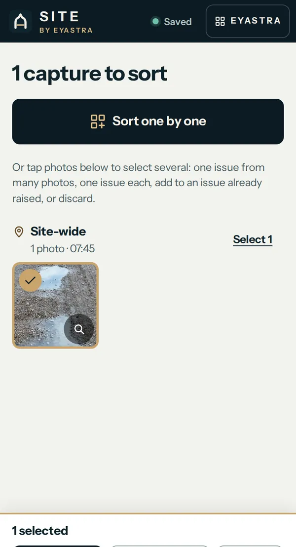 SITE’s Sort screen: 1 capture to sort, Site-wide, 1 photo at 07:45, a photograph of standing water on the site road, selected